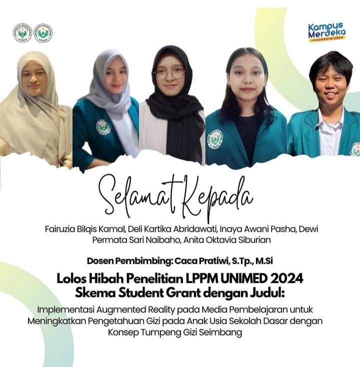 Lolos Hibah Penelitian LPPM UNIMED 2024  Skema Student Grant dengan Judul:  Implementasi Augmented Reality pada Media Pembelajaran untuk Meningkatkan Pengetahuan Gizi pada Anak Usia Sekolah Dasar dengan Konsep Tumpeng Gizi Seimbang
